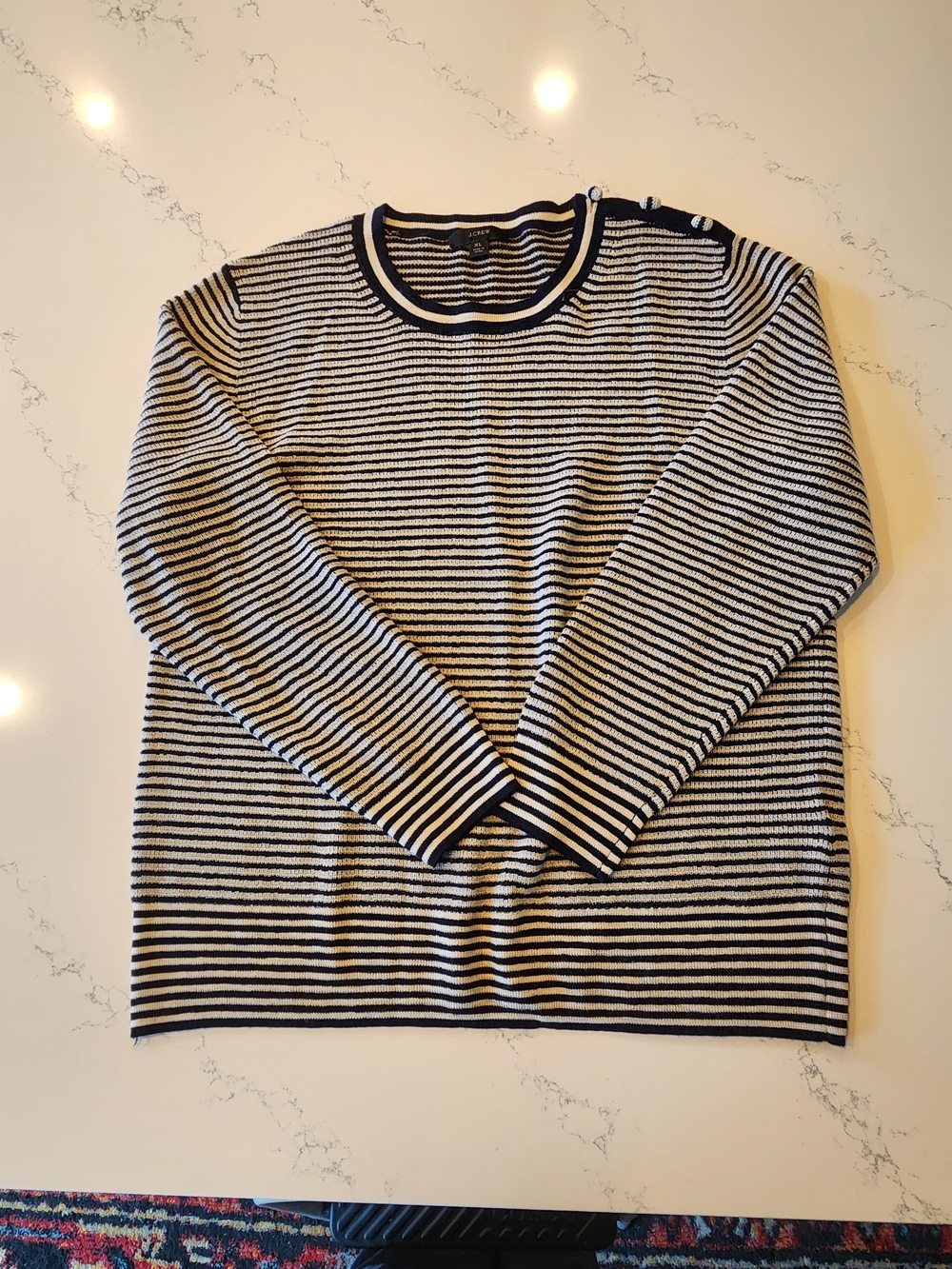 J. Crew Navy and White Striped Crewneck Sweater with Shoulder Buttons